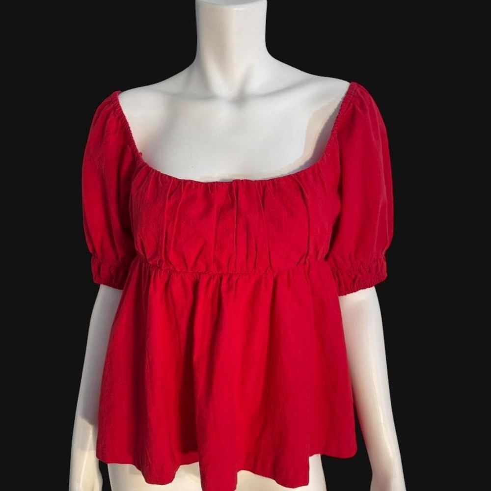 Free People Red Tie Back Babydoll Peplum Top Puff Sleeve Cottagecore XS